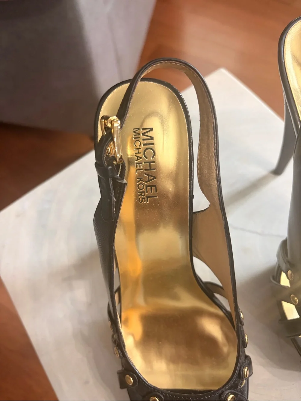 Michael Kors Black Leather Platform Slingback Sandals with Gold Insole